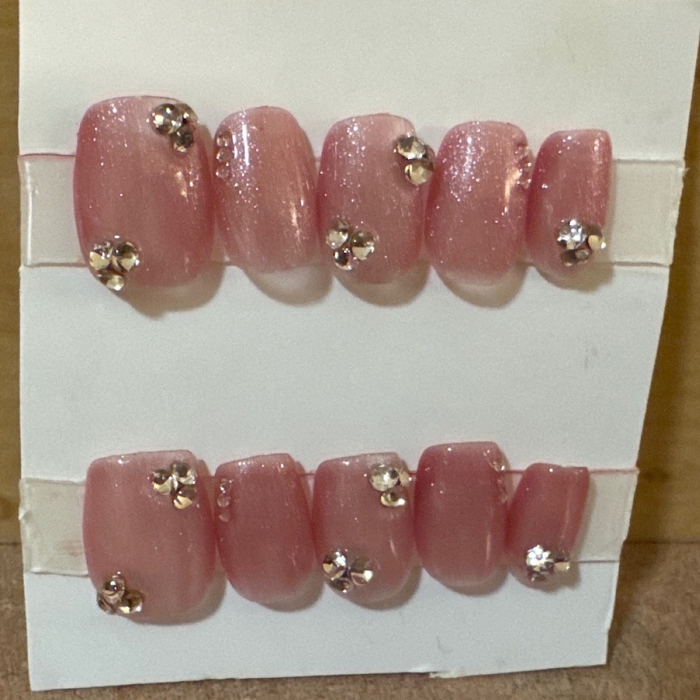 Pink Cat Eye Press On Nails with Rhinestones Short Square Shimmer False Nails
